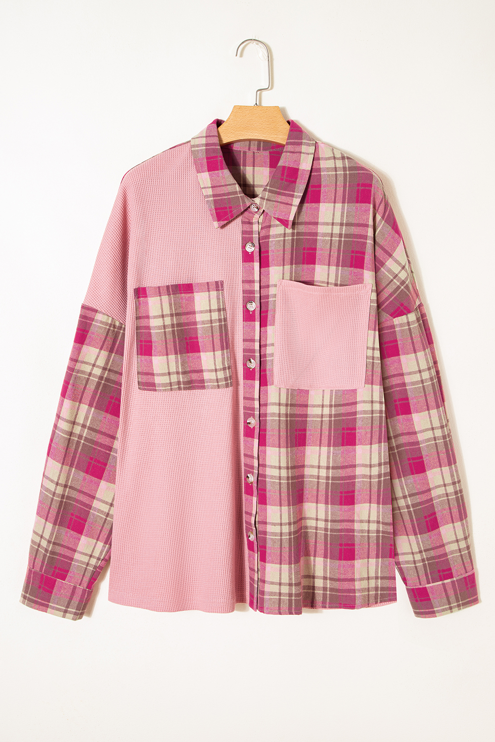 Pink Waffle Patch Pocket Plaid Patchwork Plus Size Shirt - Image 8
