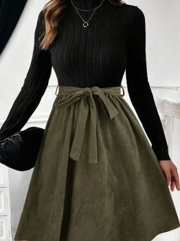 Black Ribbed Knit Slim Bodice Contrast Flared Skirt Patchwork Belted Dress