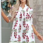 White Frilled V Neck 3/4 Sleeve Loose Floral Dress