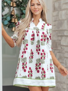White Frilled V Neck 3/4 Sleeve Loose Floral Dress