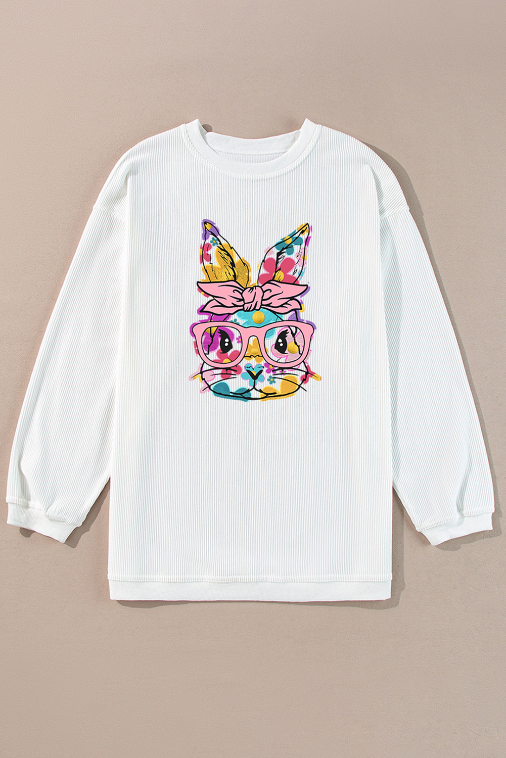 White Floral Rabbit with Glasses Graphic Corded Easter Sweatshirt - Image 8