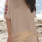 Parchment Granny Square Crochet Detail Loose T Shirt