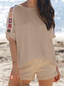 Parchment Granny Square Crochet Detail Loose T Shirt