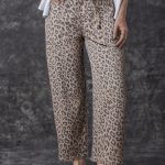 Khaki Leopard Printed Drawstring Elastic Waistband Pocketed Wide Leg Jeans