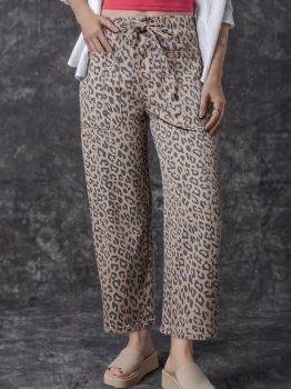 Khaki Leopard Printed Drawstring Elastic Waistband Pocketed Wide Leg Jeans