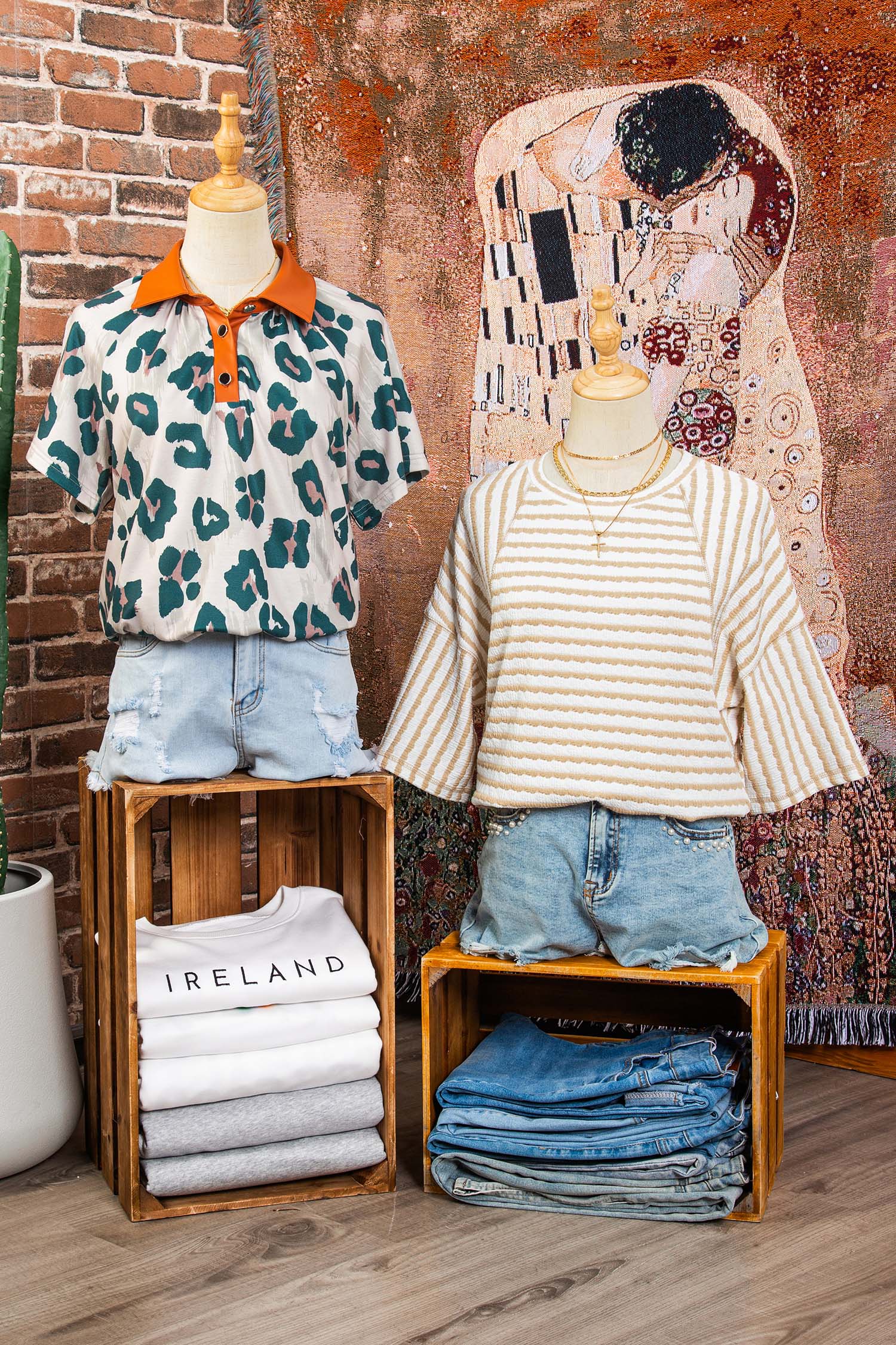 Apricot Stripe Textured Knit Split Hem Half Sleeve Loose Top - Image 7