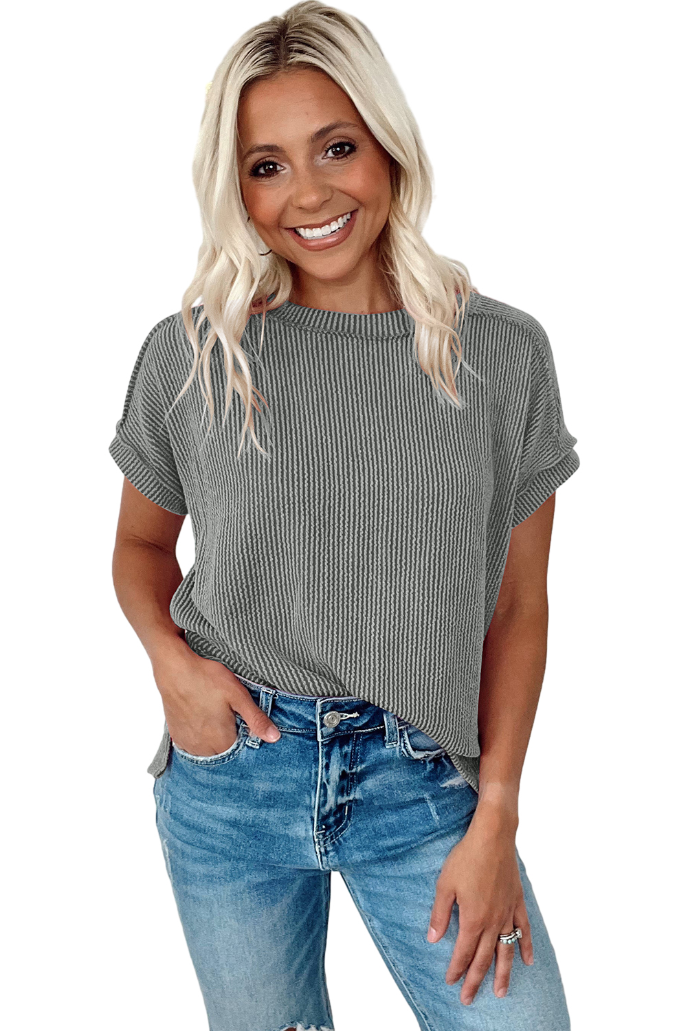 Medium Grey Textured Knit Exposed Stitching T-shirt - Image 7
