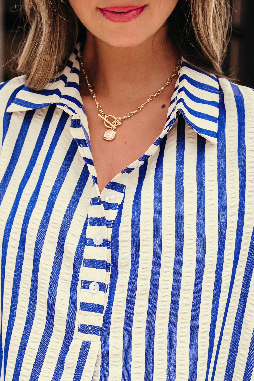 Blue Stripe Collared Half Button Side Pockets Loose Fit Mini Dress - Image 7