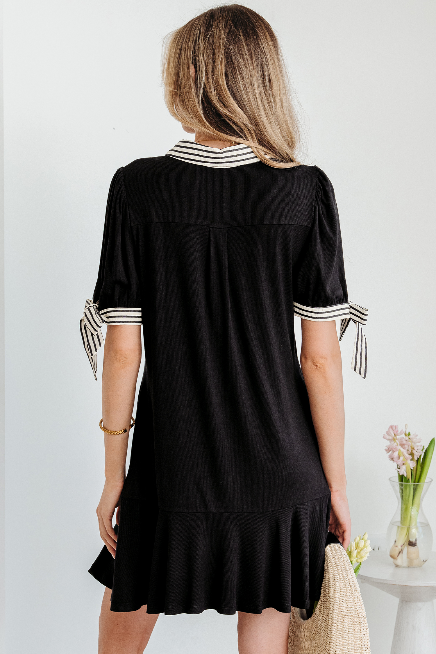 Black Stripe Detail Polo Collar Half Buttons Tied Short Sleeve Shift Mini Dress - Image 2