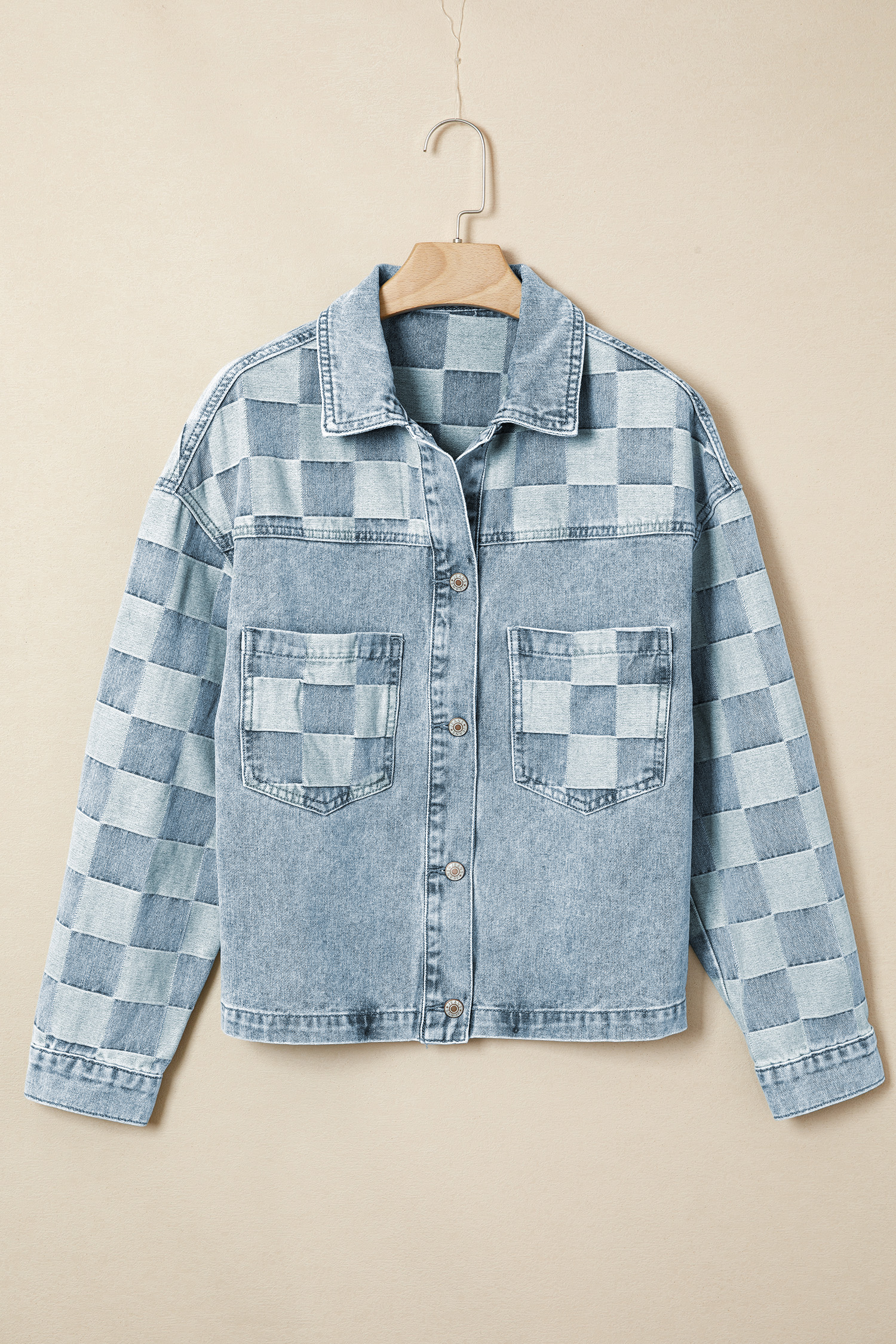 Beau Blue Denim Checkered Pattern Patchwork Womens Casual Jacket - Image 4