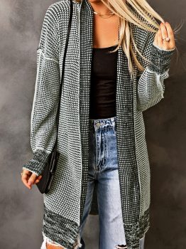 Gray Plaid Knitted Long Open Front Cardigan