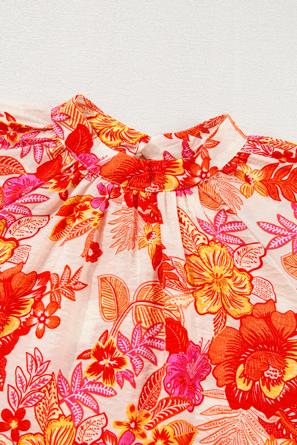 Orange Floral Print Pearl Button Keyhole Long Puff Sleeve Blouse - Image 8