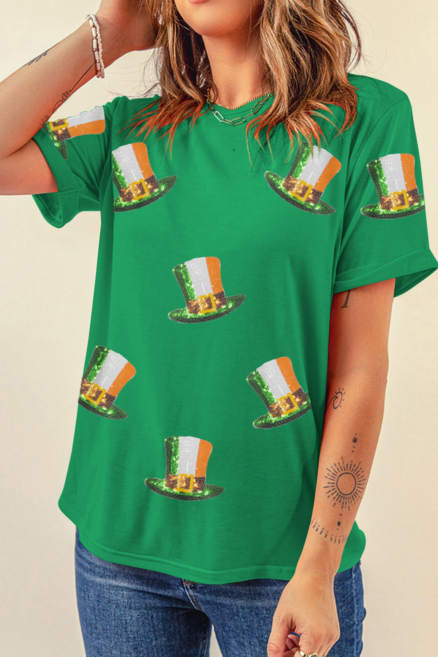 Bright Green Sequin St Patricks Day Hat Relaxed T Shirt - Image 3