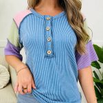 Blue Twisted Ribbed Color Block Patchwork Henley Short Sleeve T Shirt