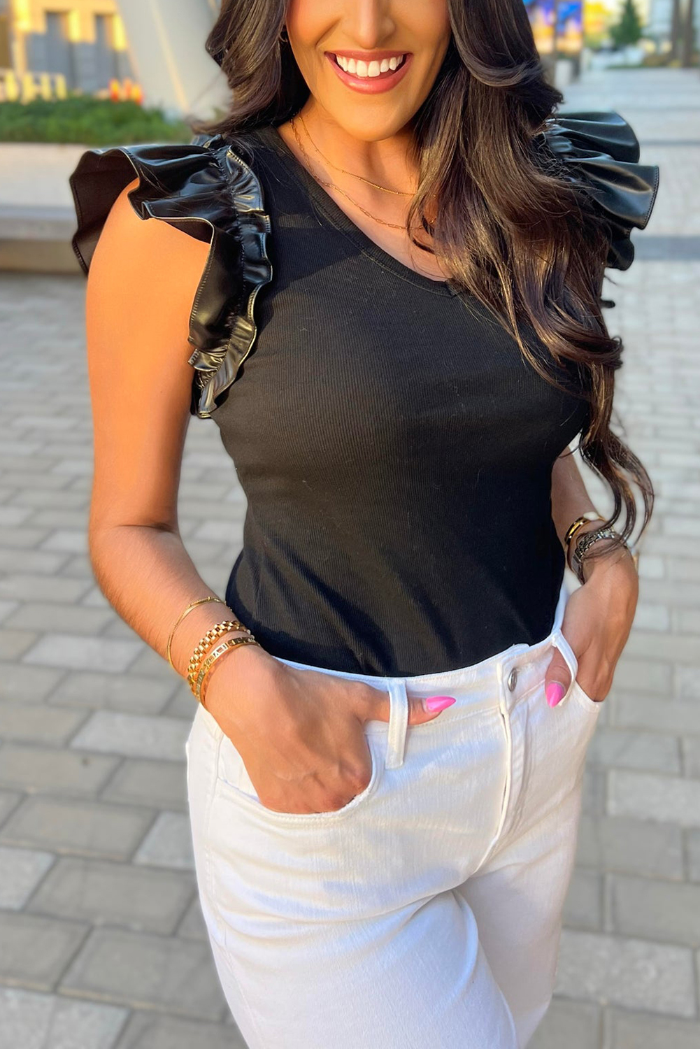 Black Leatherette Ruffle Patchwork Ribbed V Neck Bodysuit - Image 8