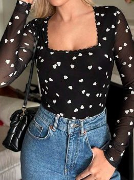 Black Heart Shape Mesh Patchwork Square Neck Bodysuit