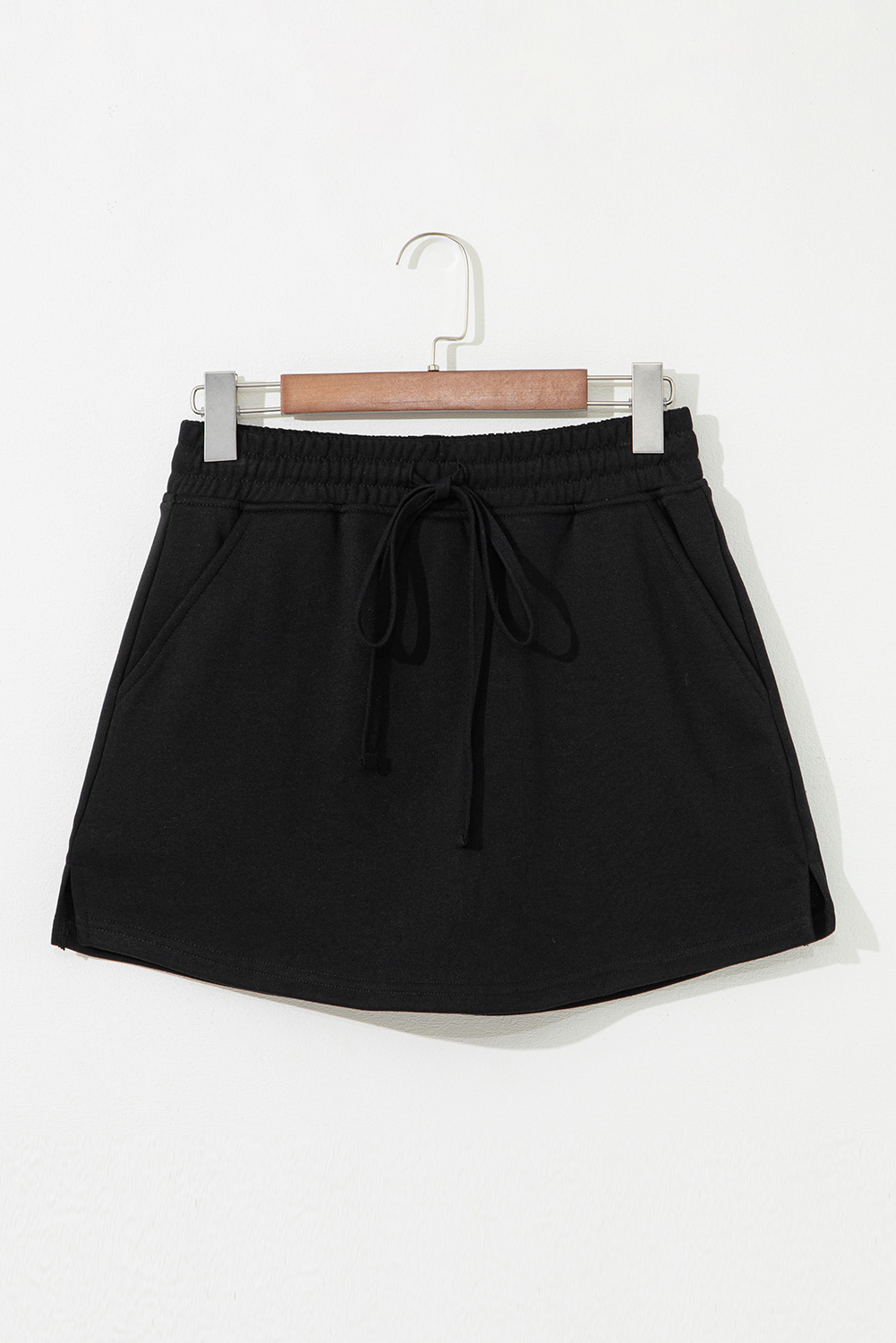 Black French Terry Drawstring Elastic Waistband Mini Skort with Pockets - Image 6