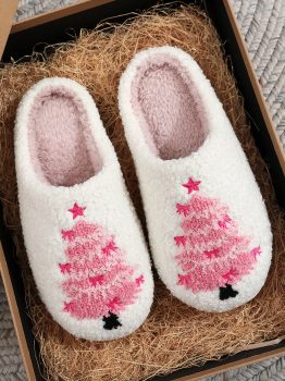 White Plush Christmas Tree Color Contrasted Liner House Slippers