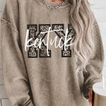 Khaki Kentucky KY Leopard Lettering Ribbed Baggy Sweatshirt