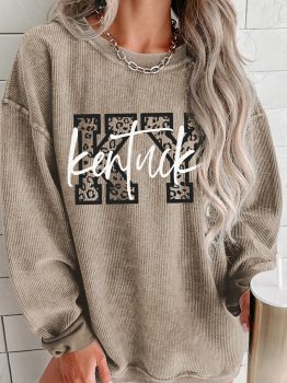 Khaki Kentucky KY Leopard Lettering Ribbed Baggy Sweatshirt