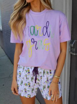 Lavendula Mardi Gras Tinsel Letter Graphic Loose T Shirt