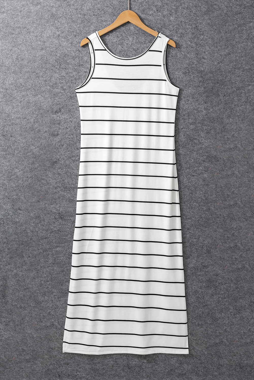 White Stripe Print Open Back Sleeveless Maxi Dress with Slits - Image 7