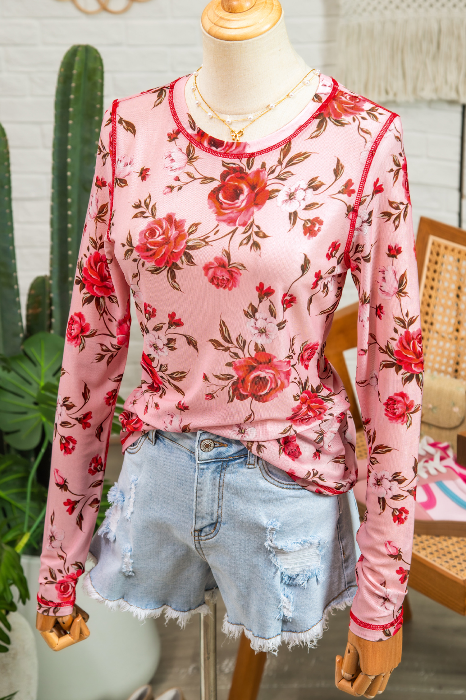 Pink Floral Print Exposed Seam Detail Mesh Long Sleeve Top - Image 5