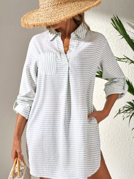 White Stripe Collared V Neck Chest Pocket Long Sleeve Beach Cover up