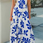 Blue Floral Print Crisscross Tie Back Sleeveless Long Dress