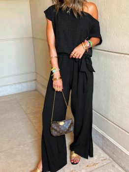 Black Checkered Mesh One Shoulder Short Sleeve Knotted Waist Jumpsuit