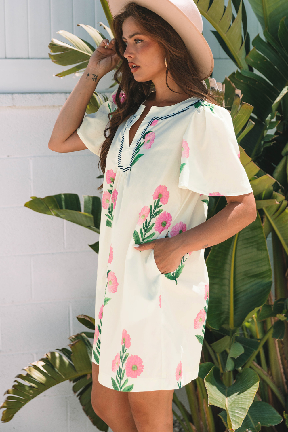 Apricot Floral Short Sleeve Split Neck Loose Mini Dress - Image 4