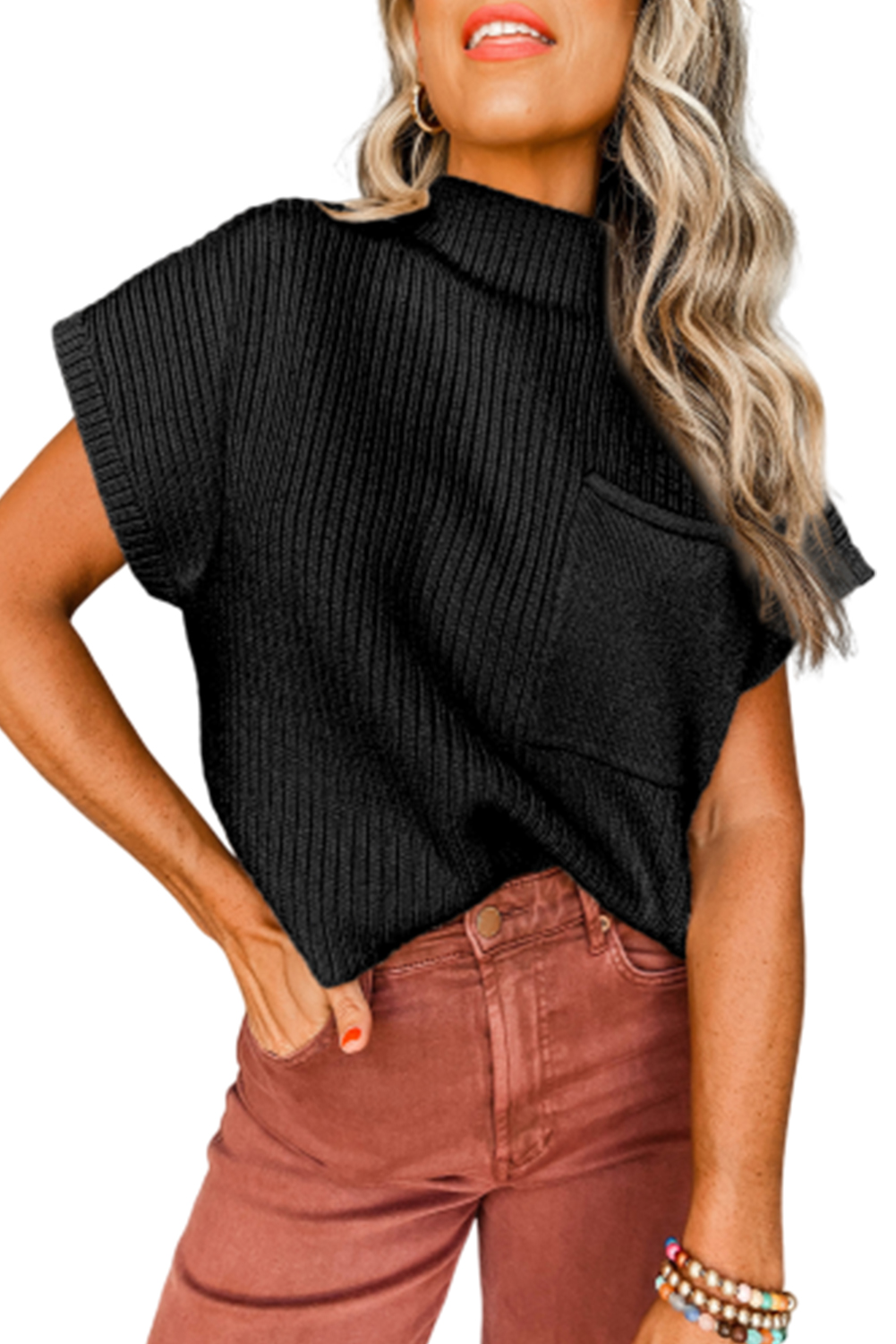 Black Patch Pocket Ribbed Knit Short Sleeve Sweater - Image 4