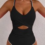 Black Ric Rac Trim Contrasted Patchwork Cutout One Piece Swimsuit