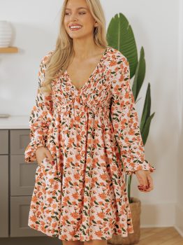 Beige Floral Deep V Neck Smocked Bust Bubble Sleeve Babydoll Dress