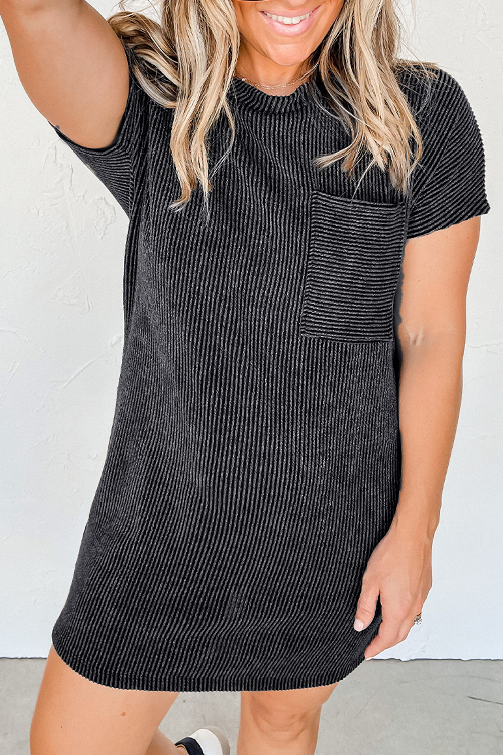 Gray Striped Ribbed Knit T-shirt Shift Dress - Image 4