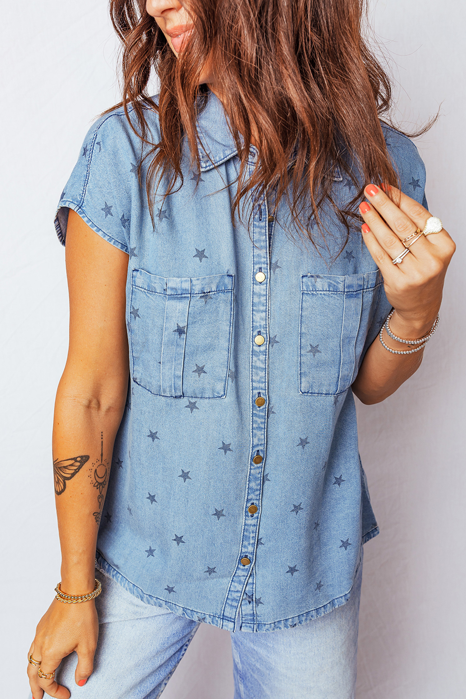 Beau Blue Star Allover Print Double Chest Pocket Short Sleeve Denim Shirt - Image 4