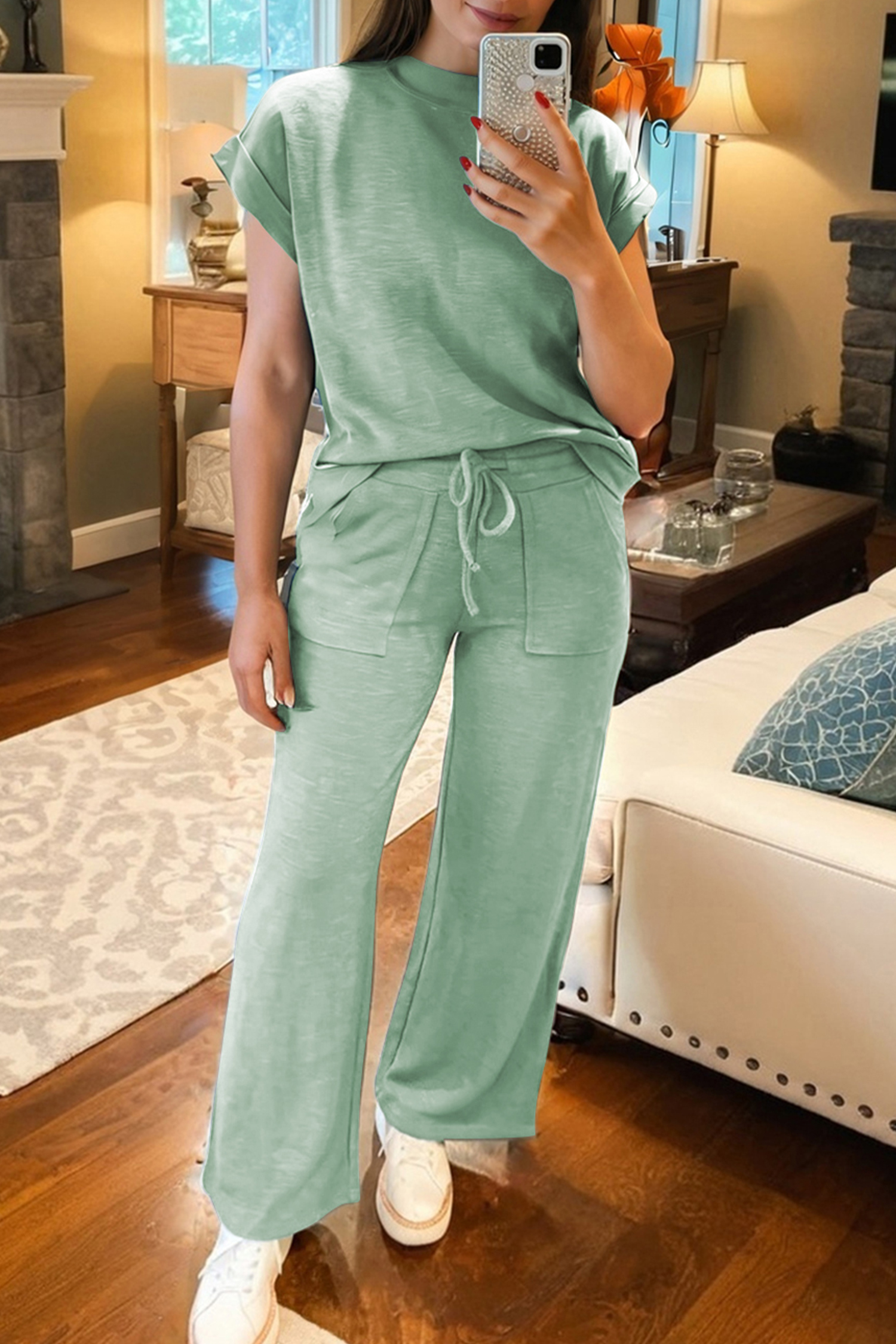 Canton Cuffed Short Sleeve Tee Raw Seam Patch Pocket Drawstring Pants Set - Image 8