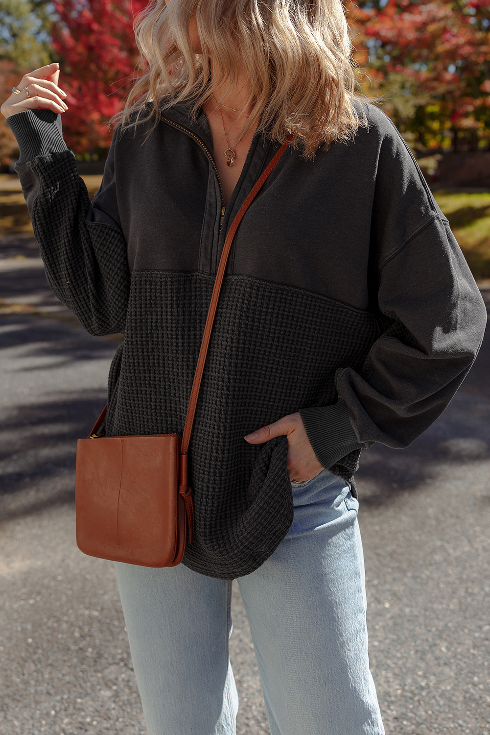 Carbon Grey Waffle Knit Patchwork Half Zipped Casual Sweatshirt - Image 6