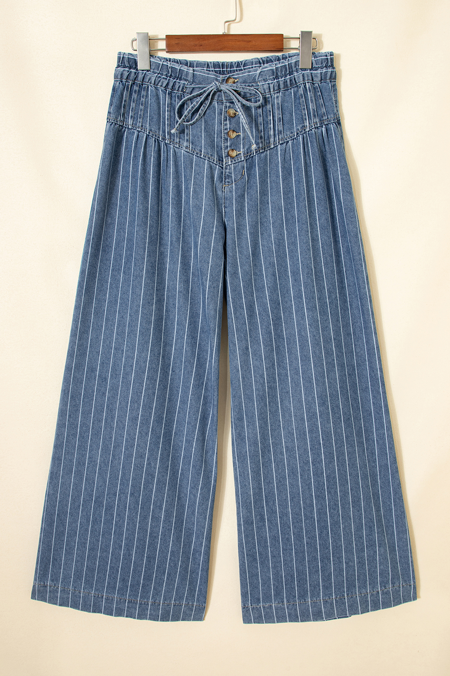 Sky Blue Stripe Button Pleated Drawstring Waist Casual Wide Leg Jeans - Image 6