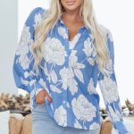 Sky Blue Floral Print Button Up Pleated Detail Puff Sleeve Shirt