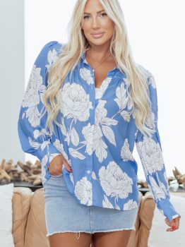 Sky Blue Floral Print Button Up Pleated Detail Puff Sleeve Shirt