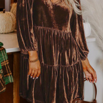 Chicory Coffee Solid Color Velvet V Neck Long Sleeve Tiered Mini Dress