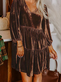 Chicory Coffee Solid Color Velvet V Neck Long Sleeve Tiered Mini Dress