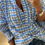 Sky Blue Plaid Long Sleeve Frilled Detail Half Button Blouse