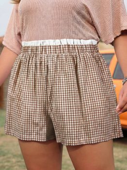 Khaki Contrast Trim Plaid Print Plus Size Shorts