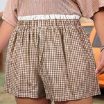 Khaki Contrast Trim Plaid Print Plus Size Shorts