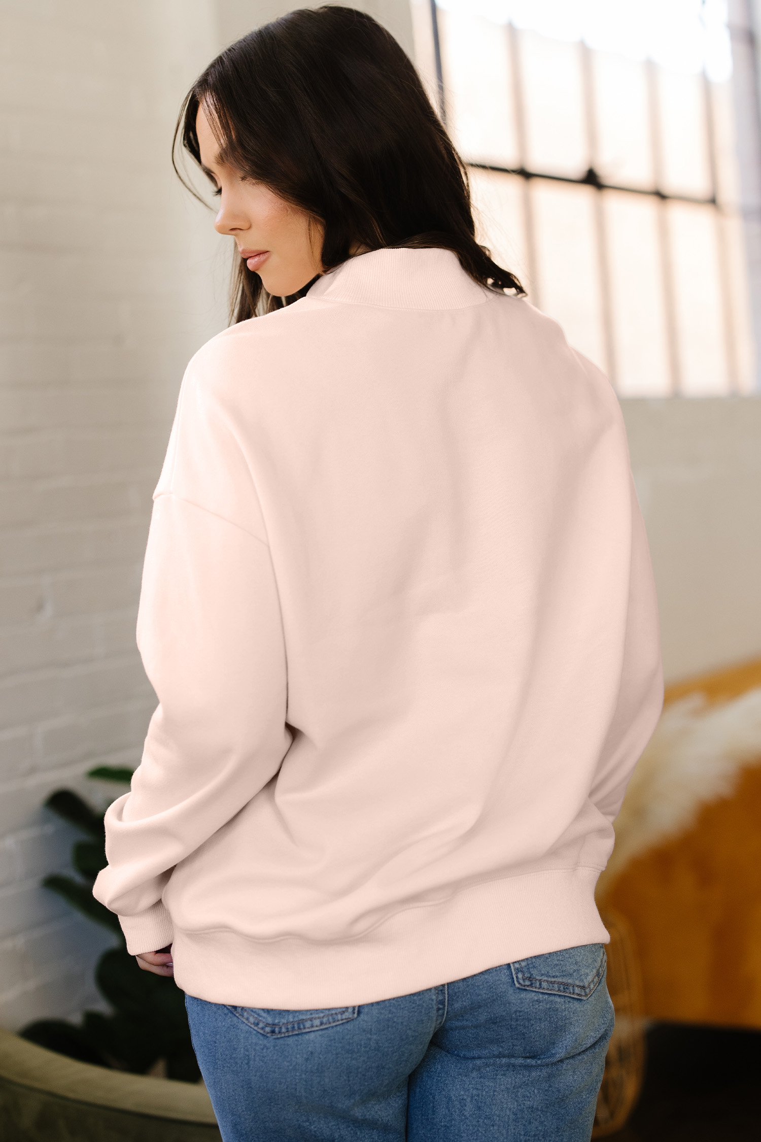 Light Pink Oversize Blessed Embroidered Mock Neck Sweatshirt - Image 7
