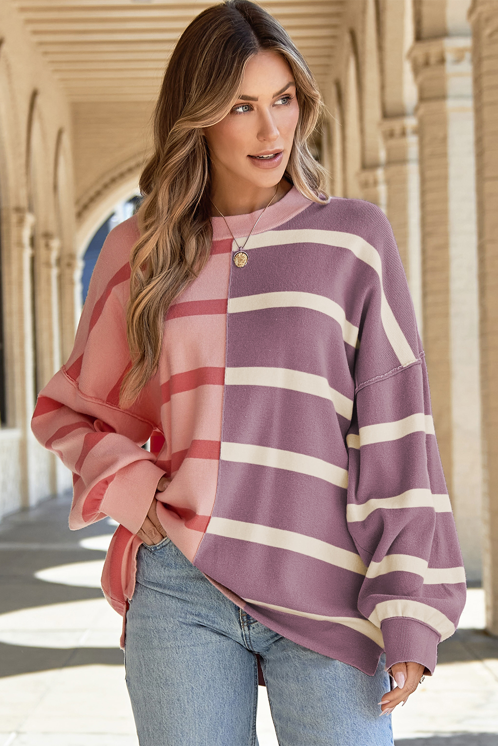 Pink Stripe Colorblock Oversized Sweater - Image 6