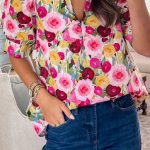 Pink Floral Frilled V Neck Puff Short Sleeve Blouse