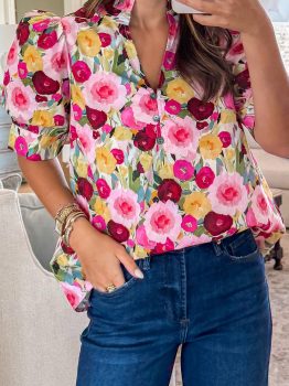Pink Floral Frilled V Neck Puff Short Sleeve Blouse